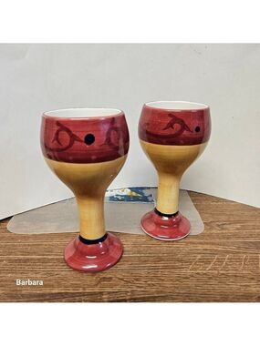 2 Living Art Handpainted Pottery Goblets